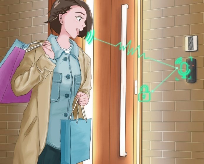 買い物帰りの人が声で玄関の鍵を開ける、特許の利用シーンのイラスト